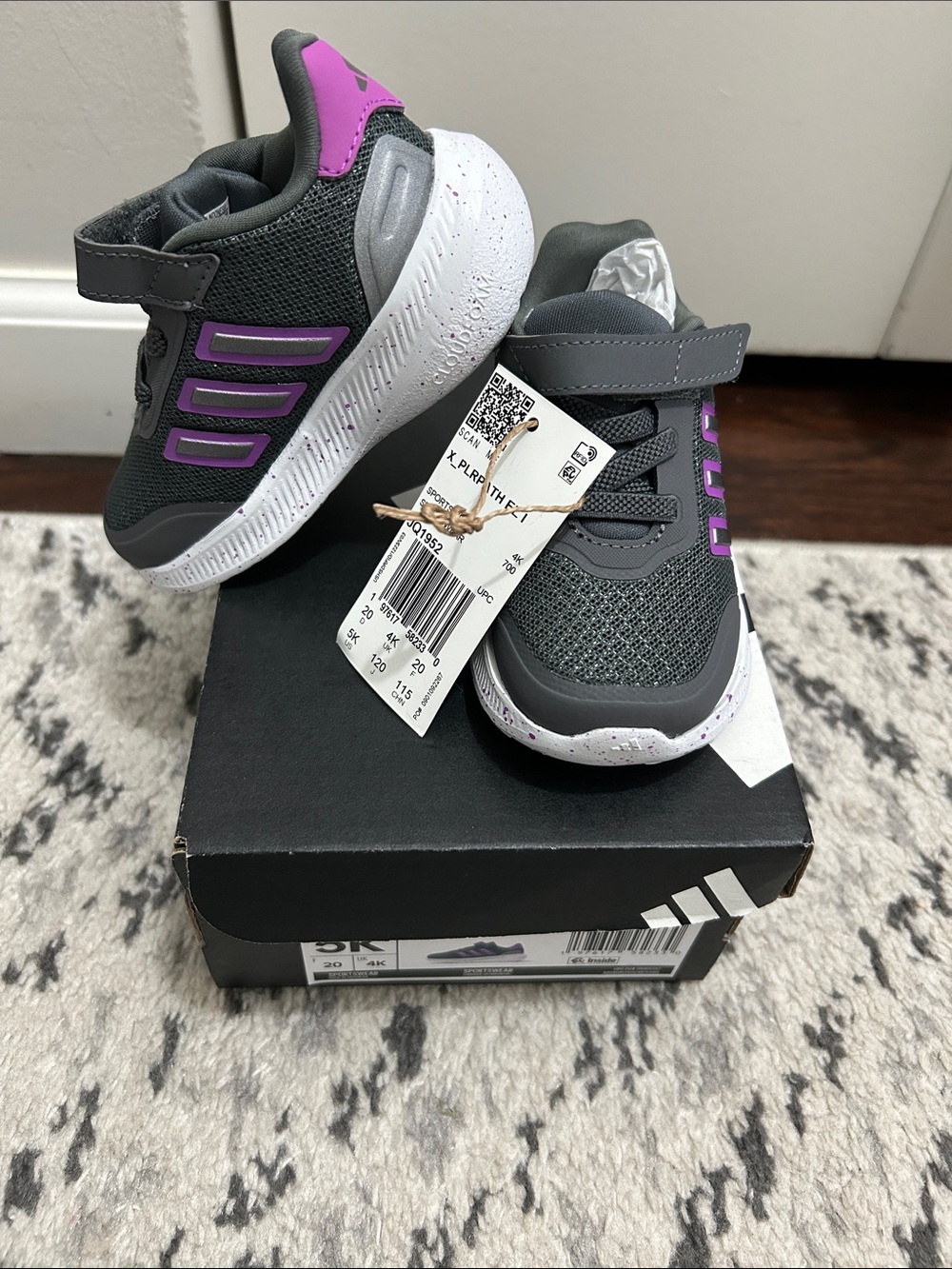 NWT. adidas Kids Gray & Purple Hook-and-Loop Sneakers